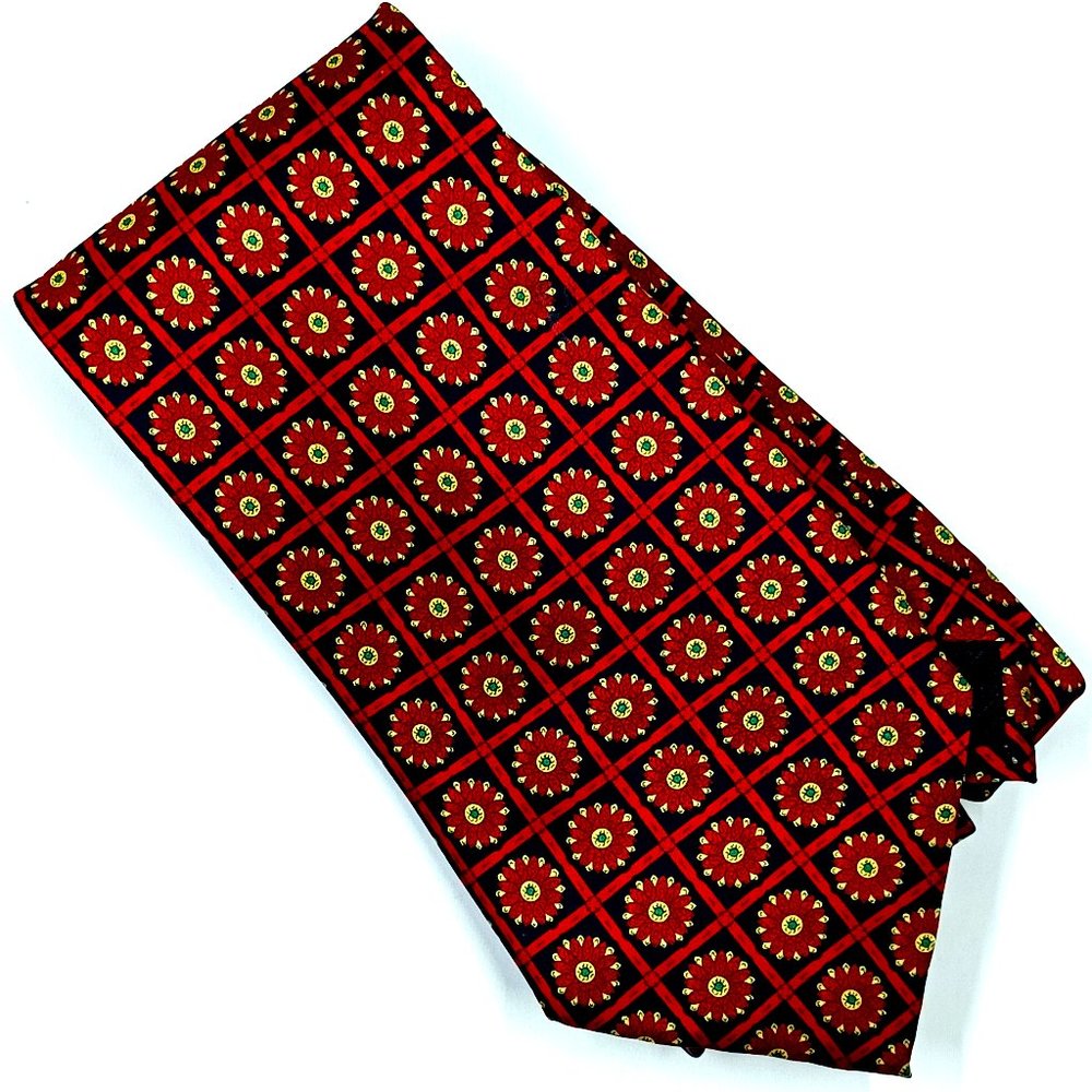 Rudee Ricco Silk Geometric Necktie Red and Black Italian Design 60 Inches Long